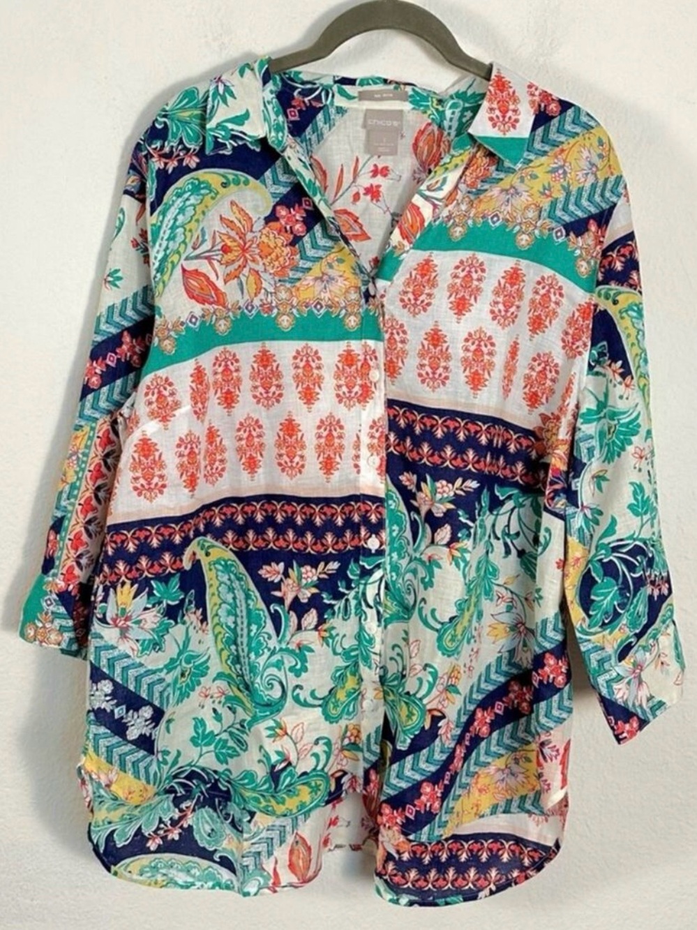 Chico’s Bohemian No Iron 100% Linen Mixed Print Button Down Shirt XL 16 18